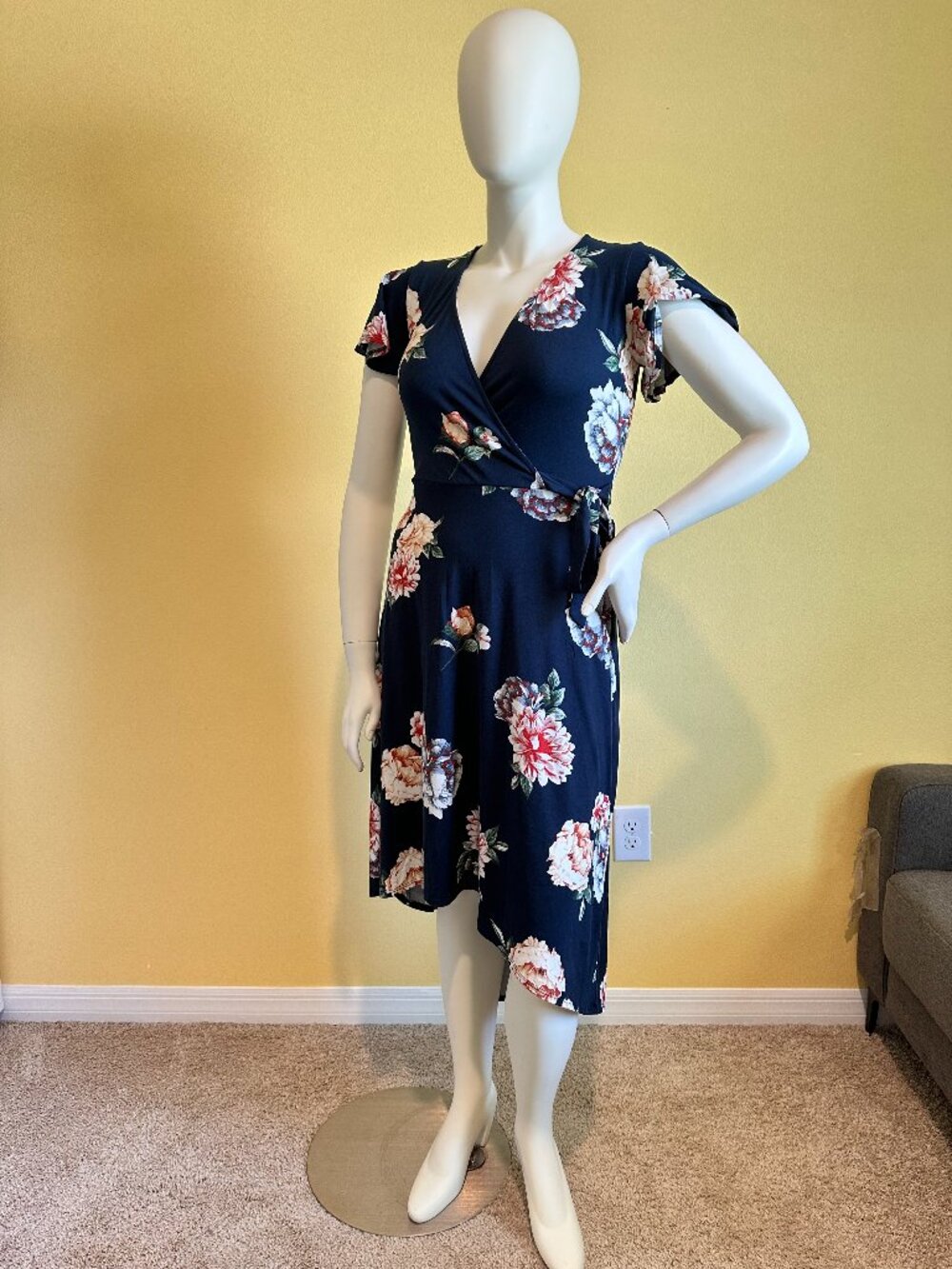 BCX Floral Wrap Midi Dress | Navy High-Low Flutter Sleeve | Size L